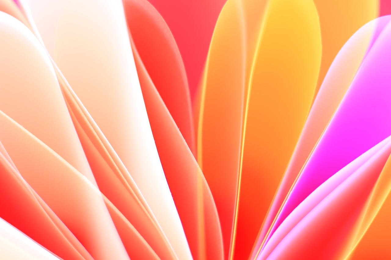 A colorful abstract image featuring gradient petals with warm orange, pink, and red hues.